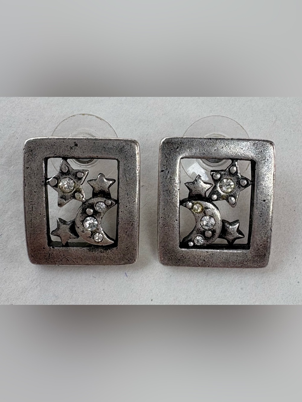 Vintage-Inspired Silver Moon & Star Earrings with Crystals